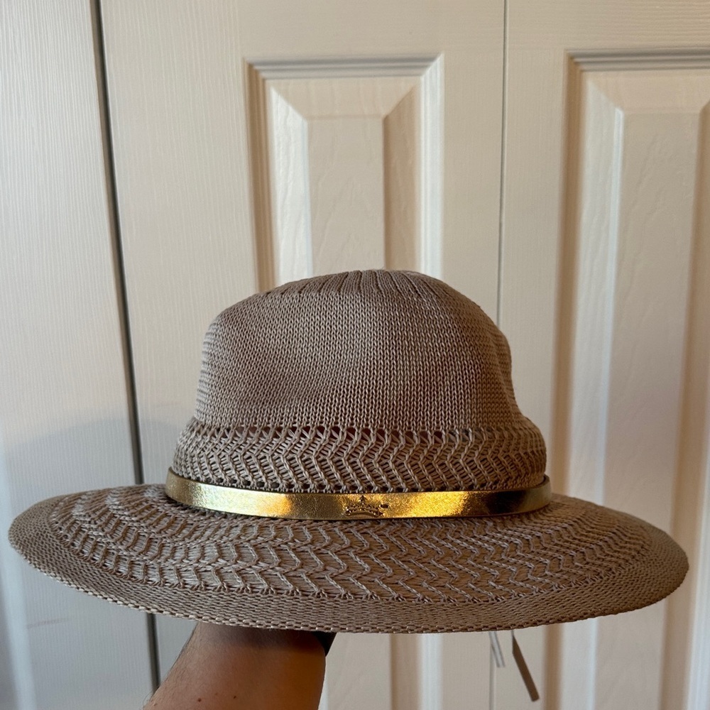 Juicy Couture Wide Brim Sun Hat Brown Gold Band Knit One Size
